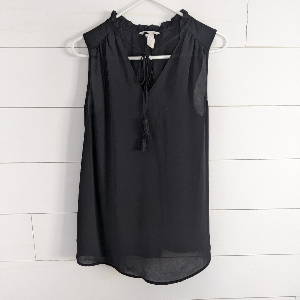 H&M Mama Maternity Sleeveless Black Tassel Tie Sheer Top